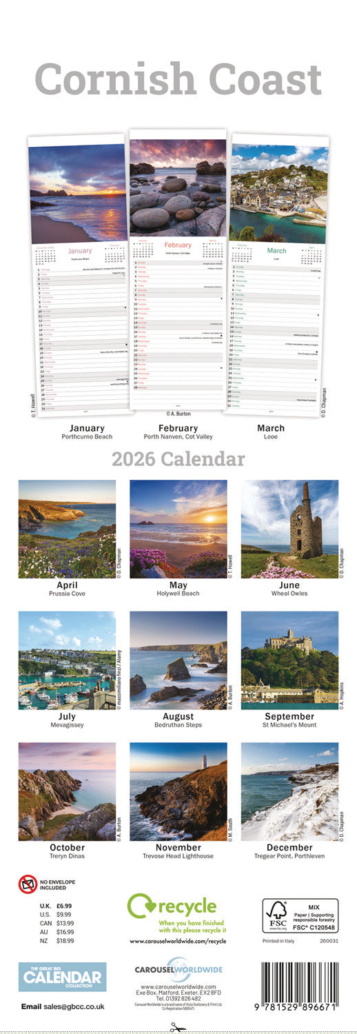 Cornish Coast Slim Calendar 2026