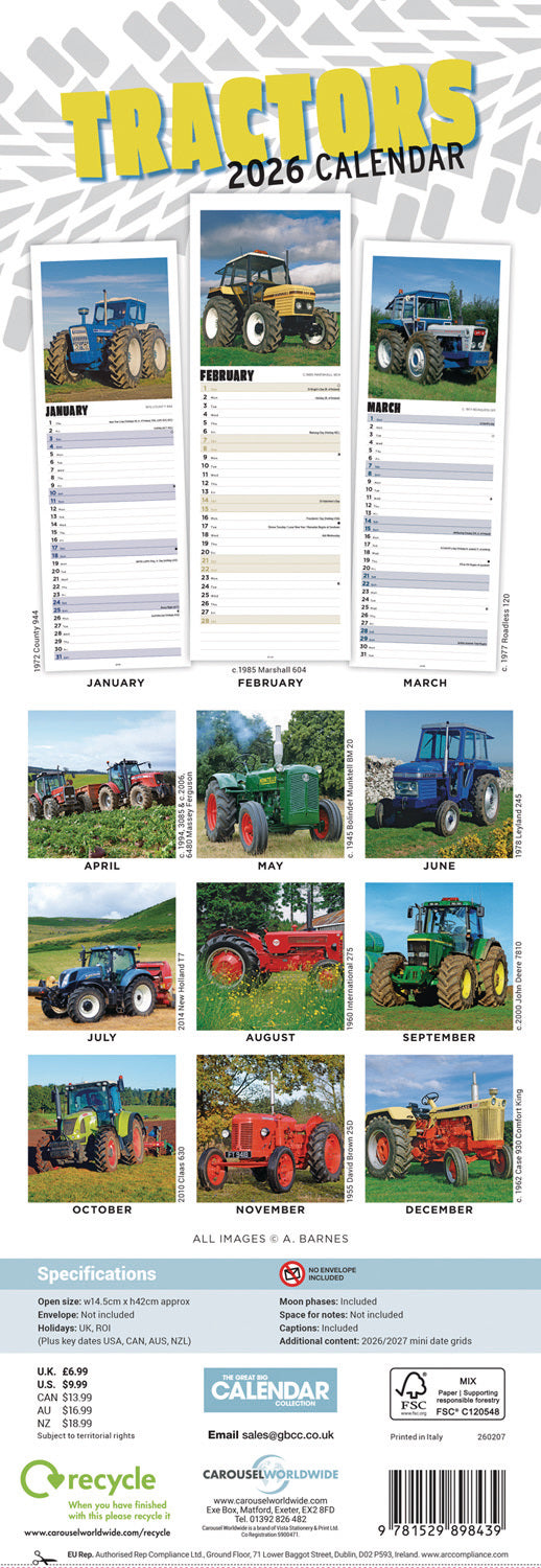Tractors Slim Calendar 2026