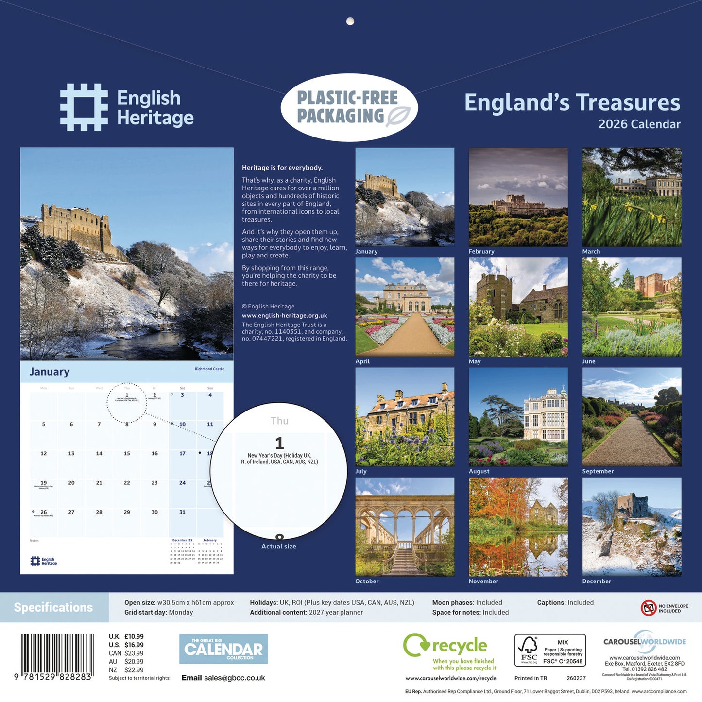 English Heritage, Englands Treasures Wall Calendar 2026