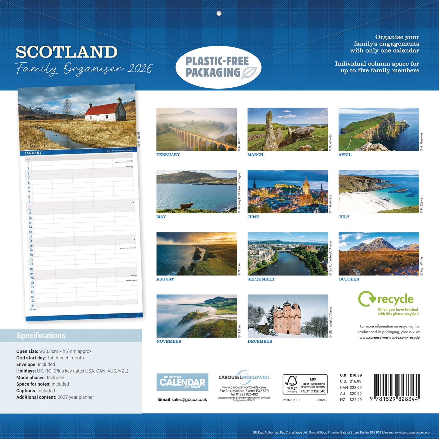 Scotland Family Organiser Planner Wall Calendar 2026