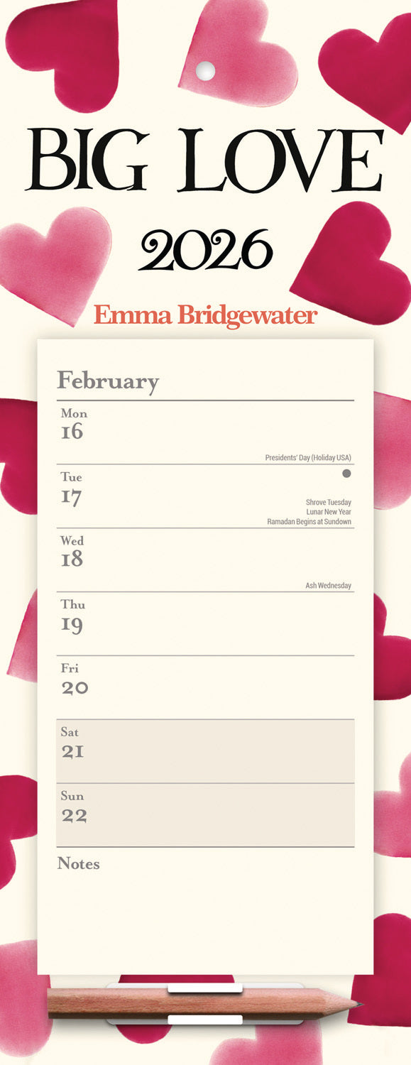 Emma Bridgewater Big Pink Hearts WTV Magnetic Calendar 2026