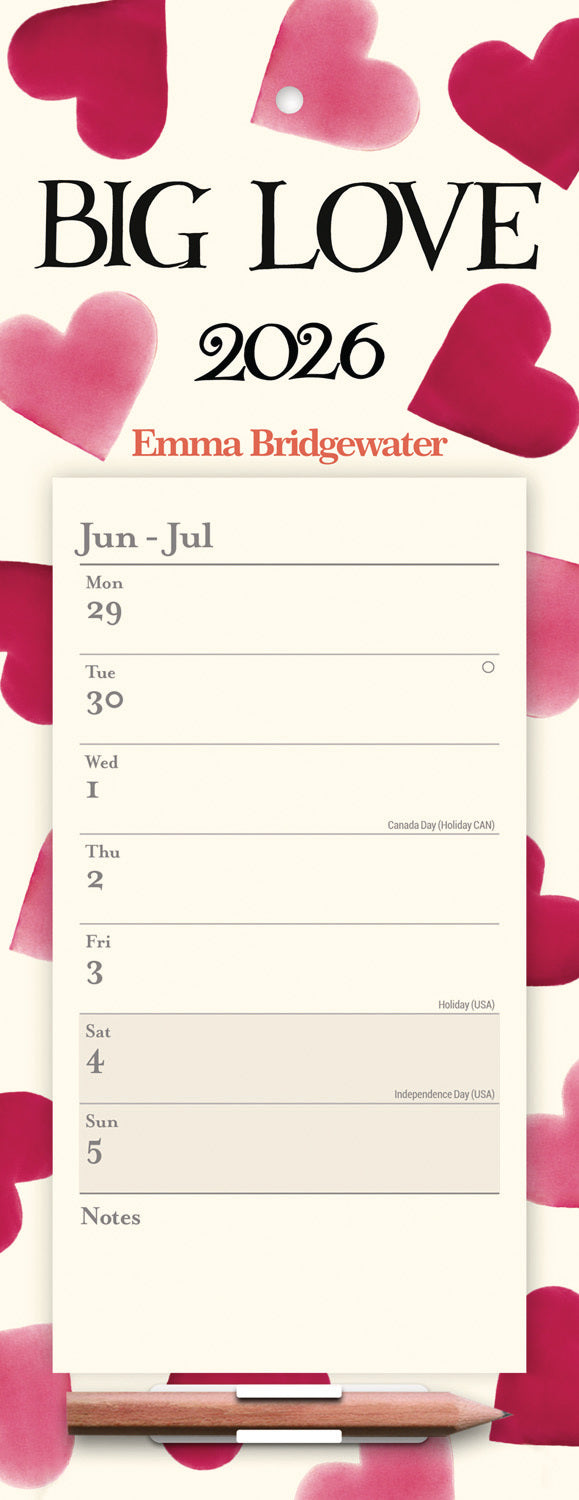 Emma Bridgewater Big Pink Hearts WTV Magnetic Calendar 2026