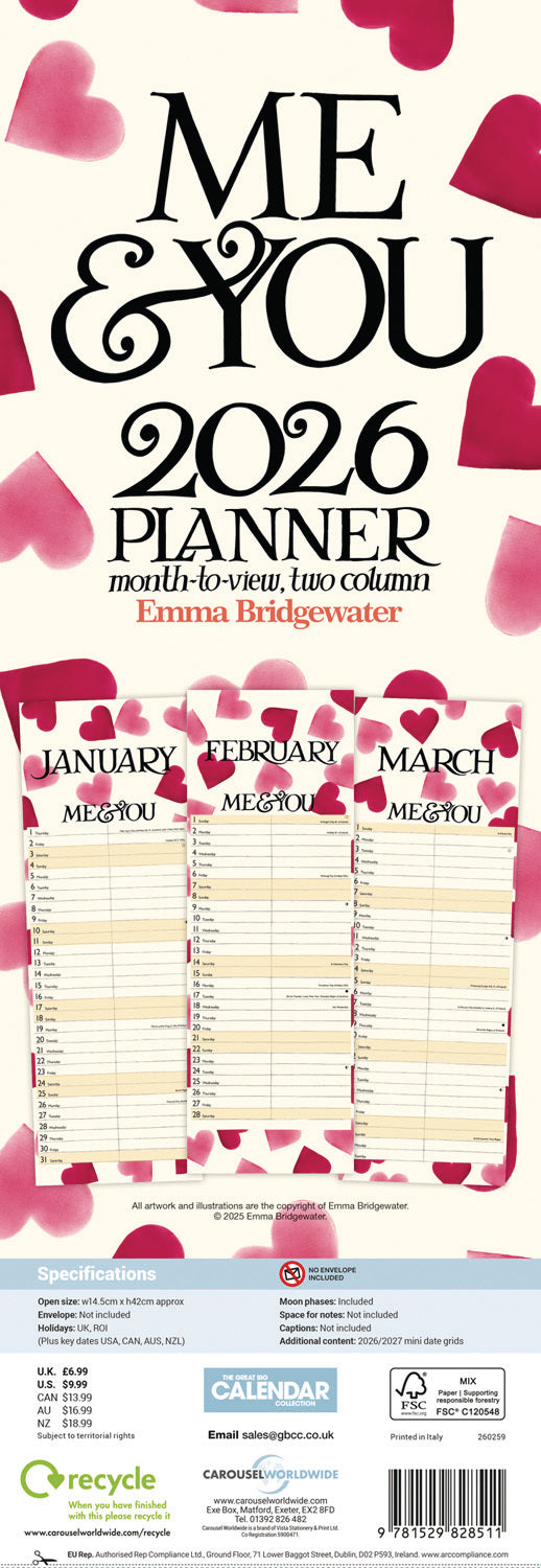 Emma Bridgewater, Me & You Blue Hearts Planner Slim Calendar 2026