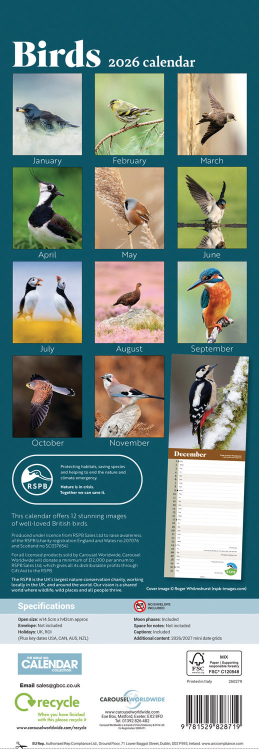 RSPB Birds Slim Calendar 2026