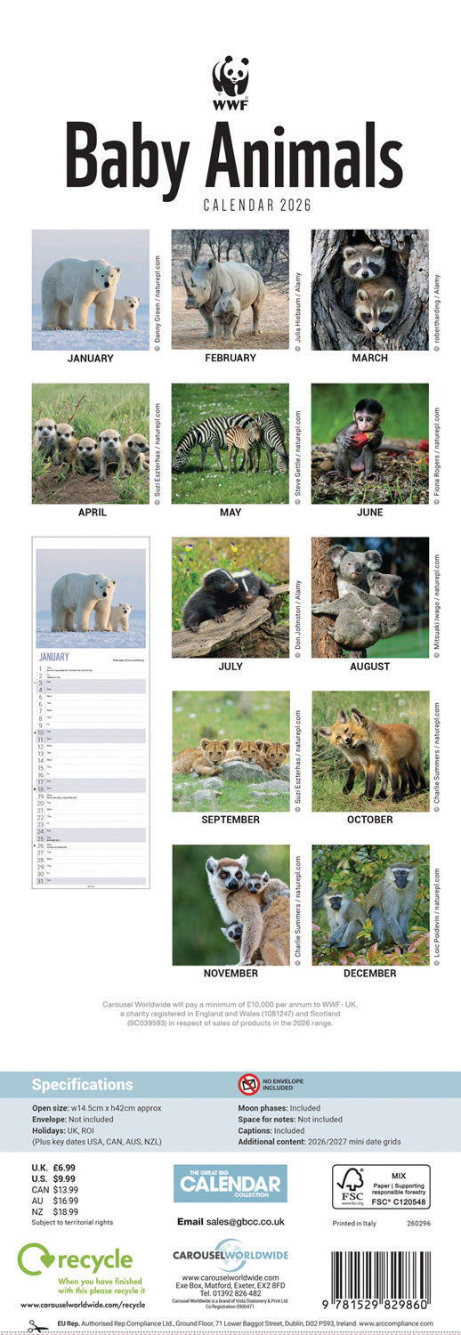 WWF, Baby Animals Slim Calendar 2026