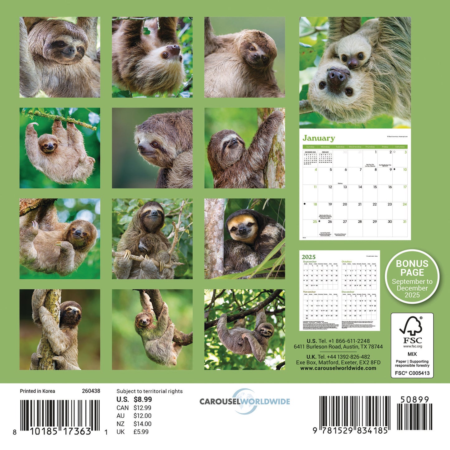 Sloths M (Sunday Start) Calendar 2026