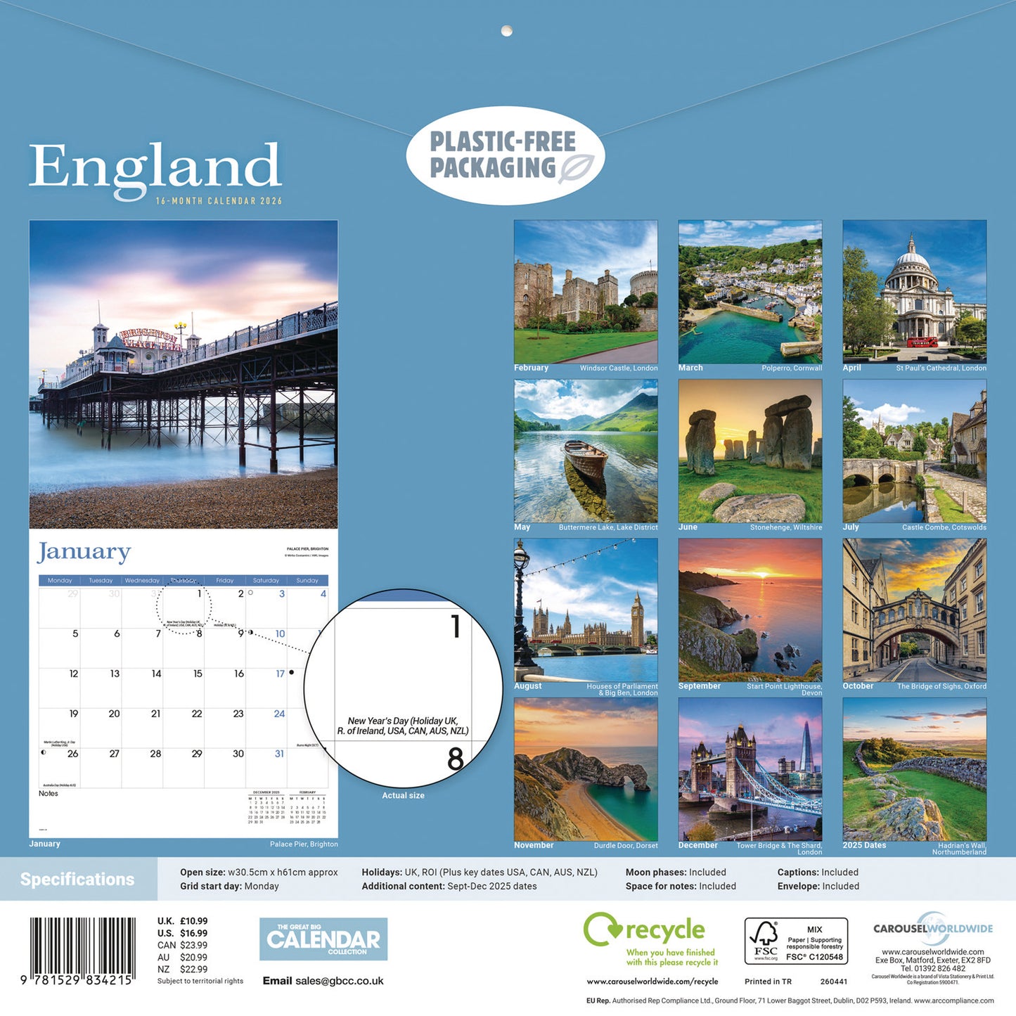 England Wall Calendar 2026