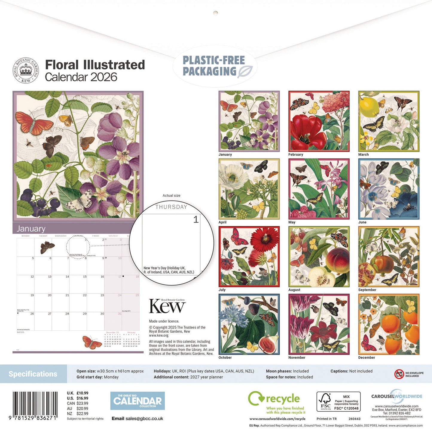 Royal Botanic Gardens Kew, Floral Illustrated Wall Calendar 2026