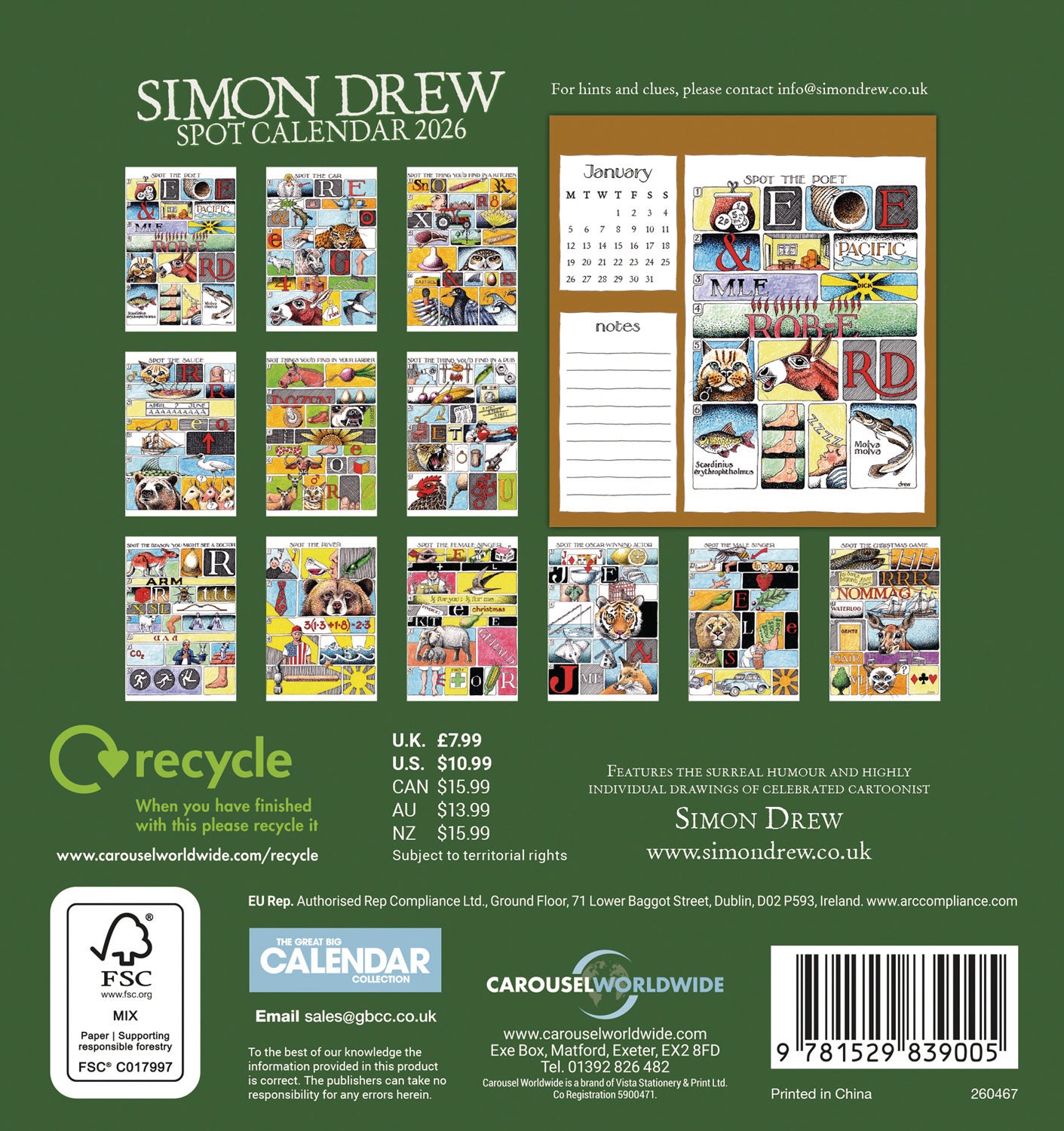 Simon Drew Easel Calendar 2026