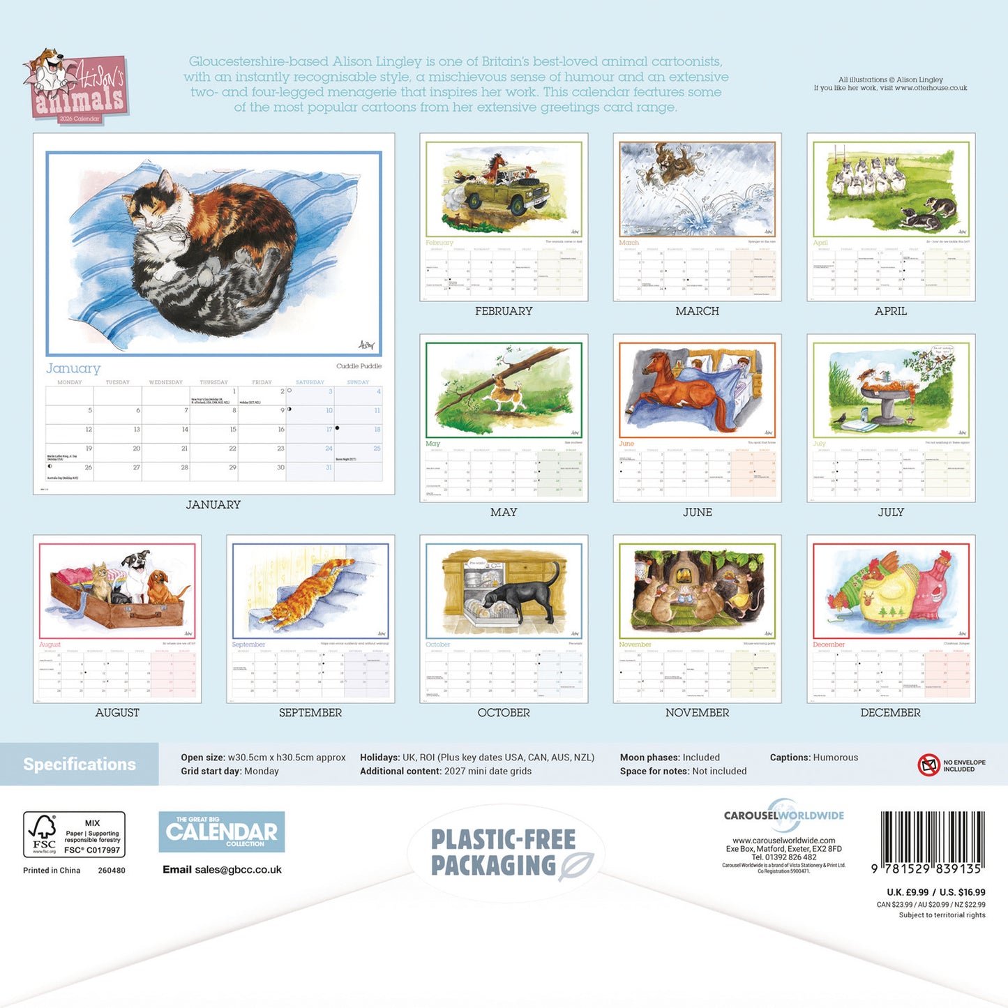 Alisons Animals Wiro Wall Calendar 2026