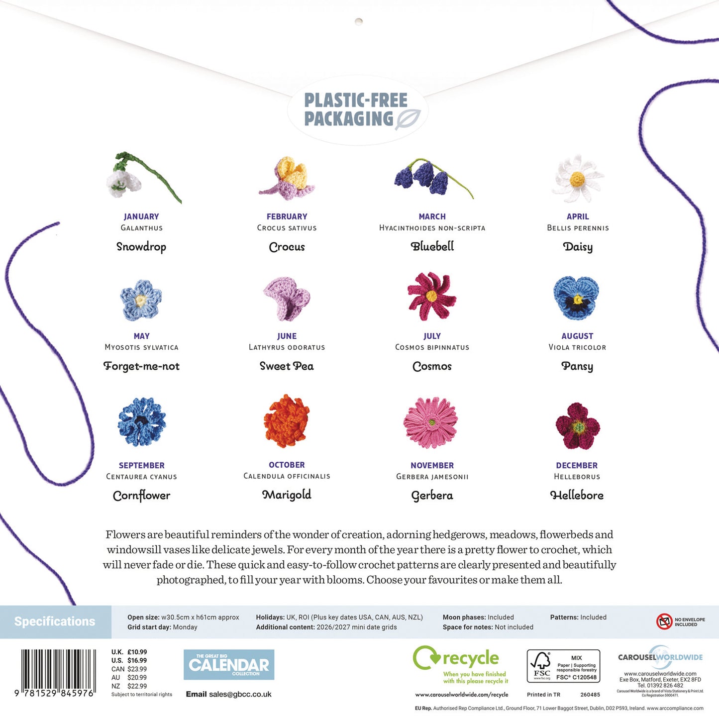 Crocheted Flowers Wall Calendar 2026