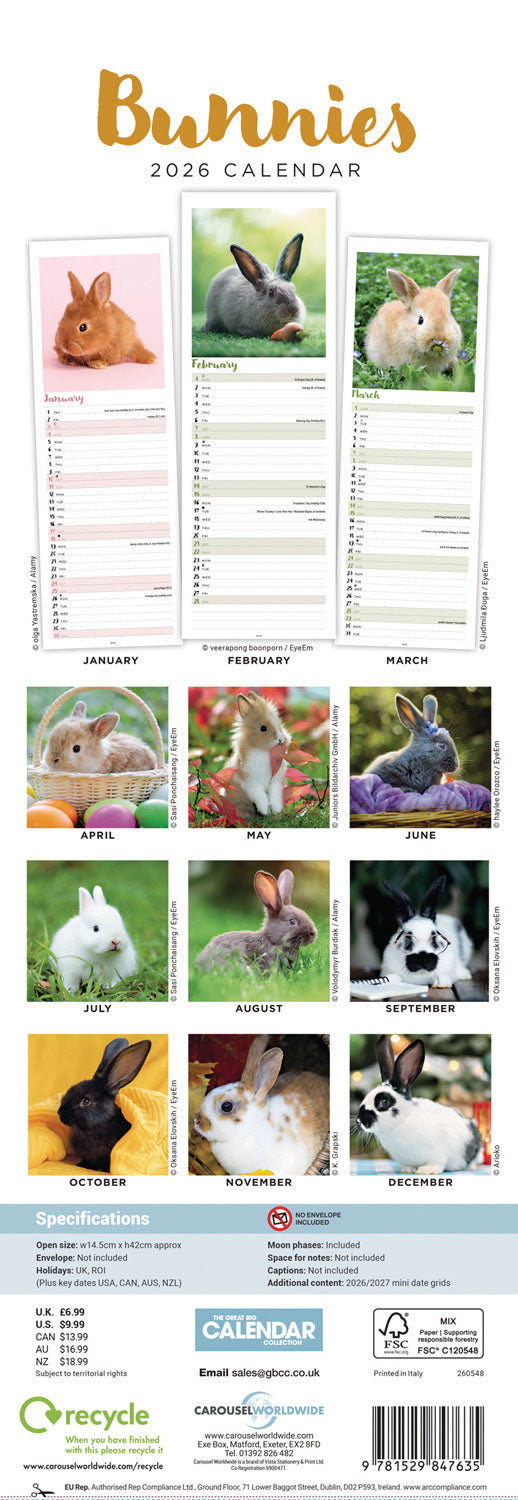 Bunnies Slim Calendar 2026