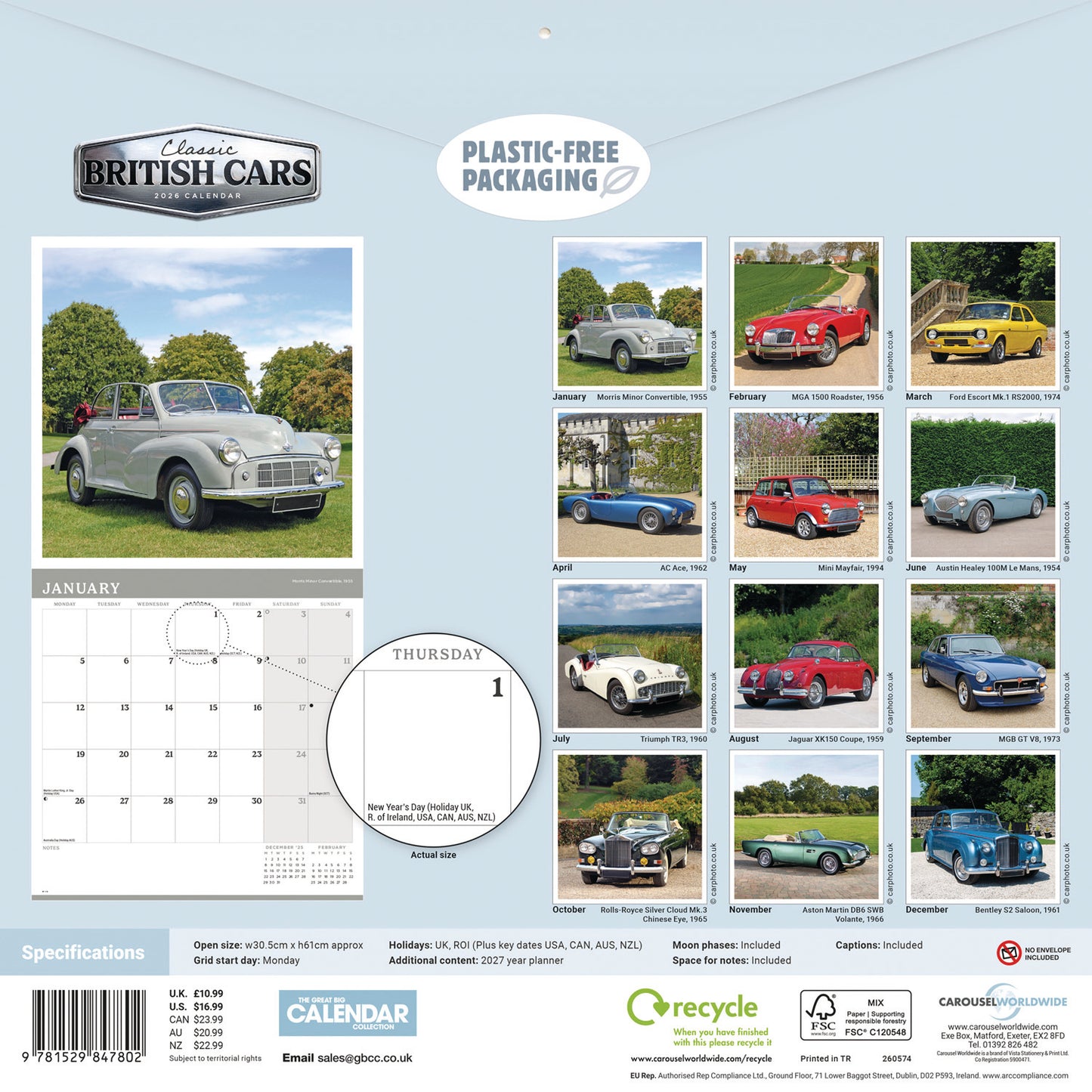 Classic British Cars Wall Calendar 2026