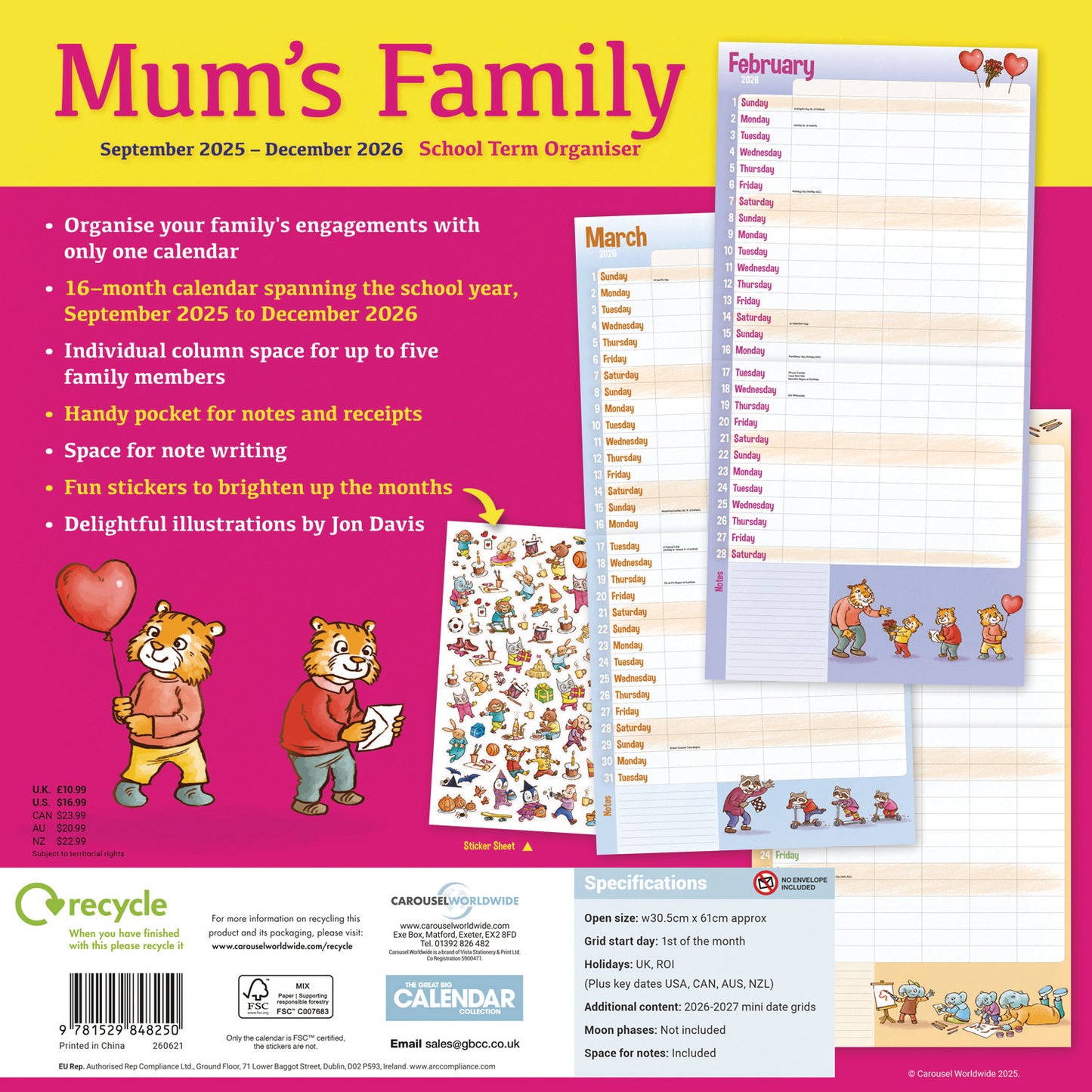Mums Family Organiser Planner Wall Calendar 2026