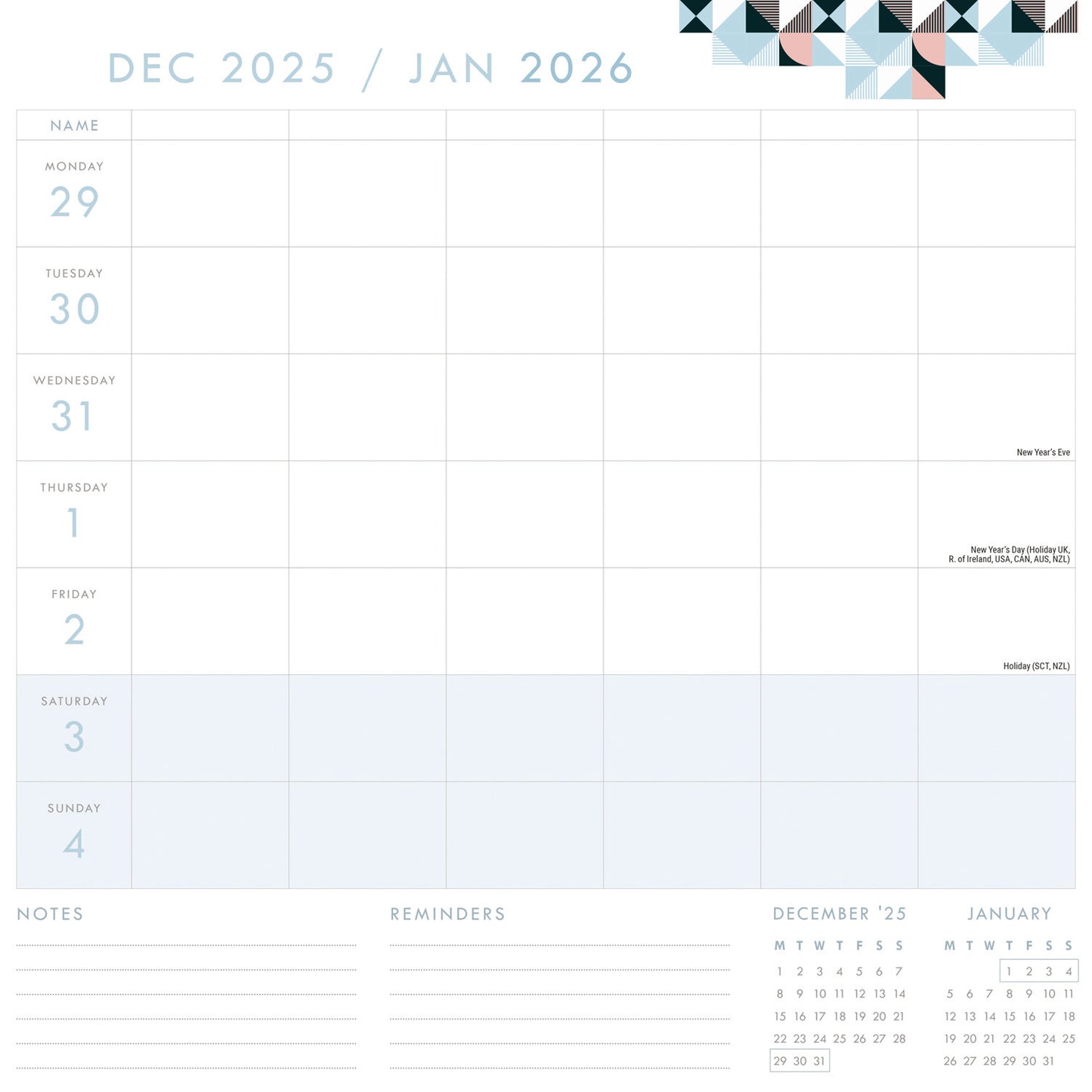 Organised Family (Geometric) WTV Planner Wall Calendar 2026