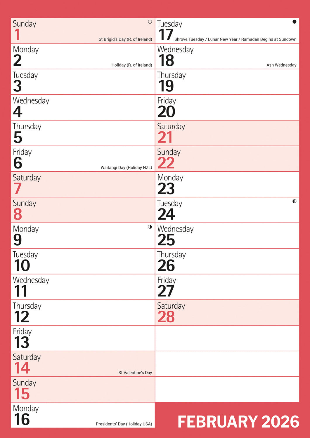Red & Black Monthly Engagement Portrait A4 Calendar 2026