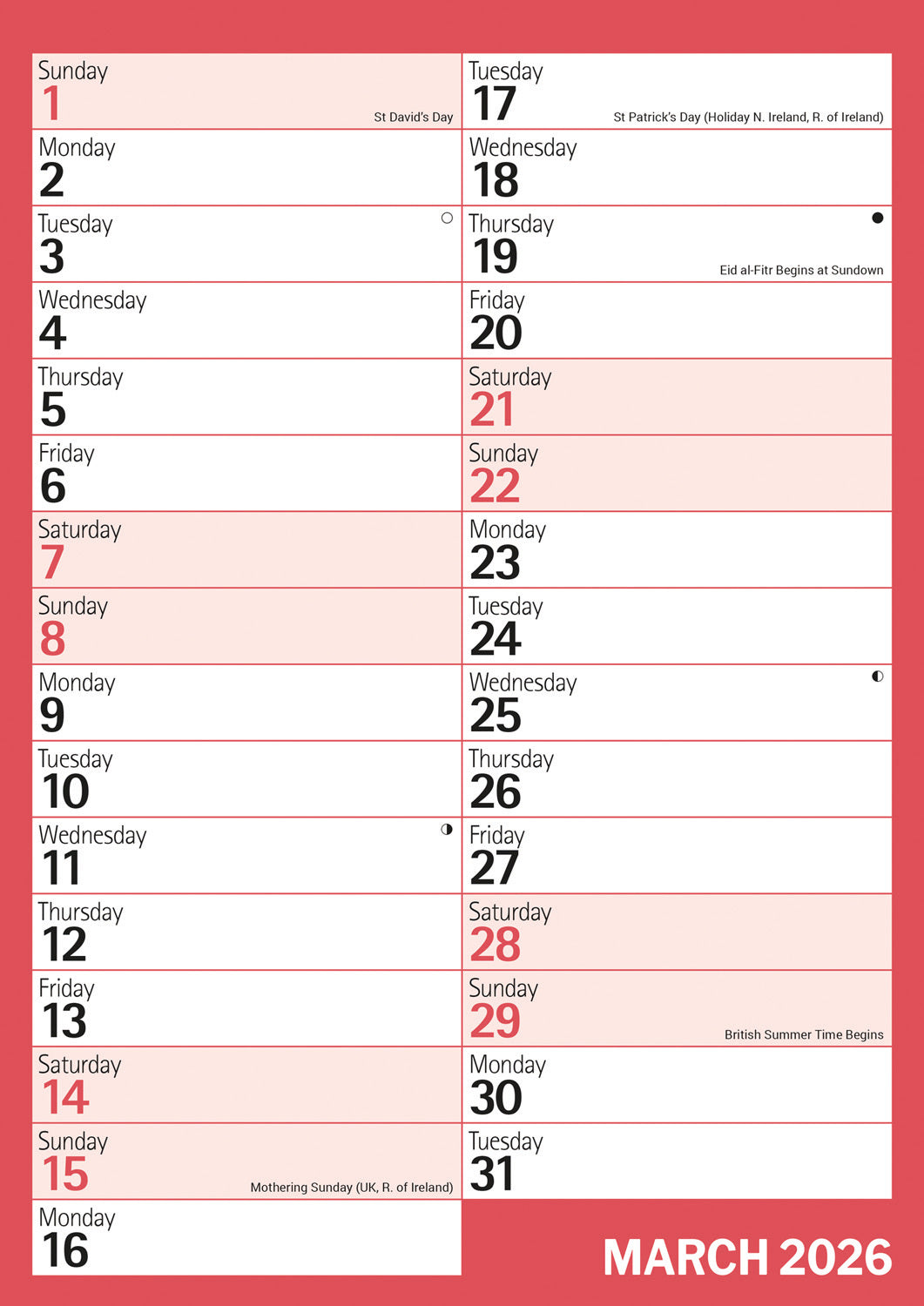 Red & Black Monthly Engagement Portrait A4 Calendar 2026