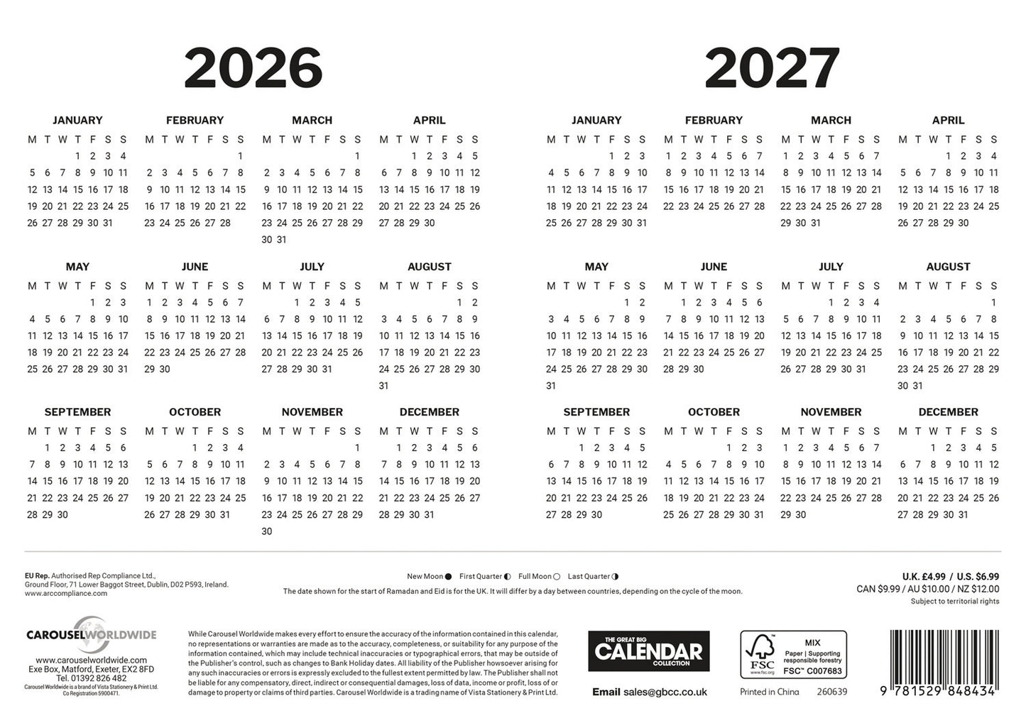 Red & Black Large Boldtype Landscape A4 Calendar 2026