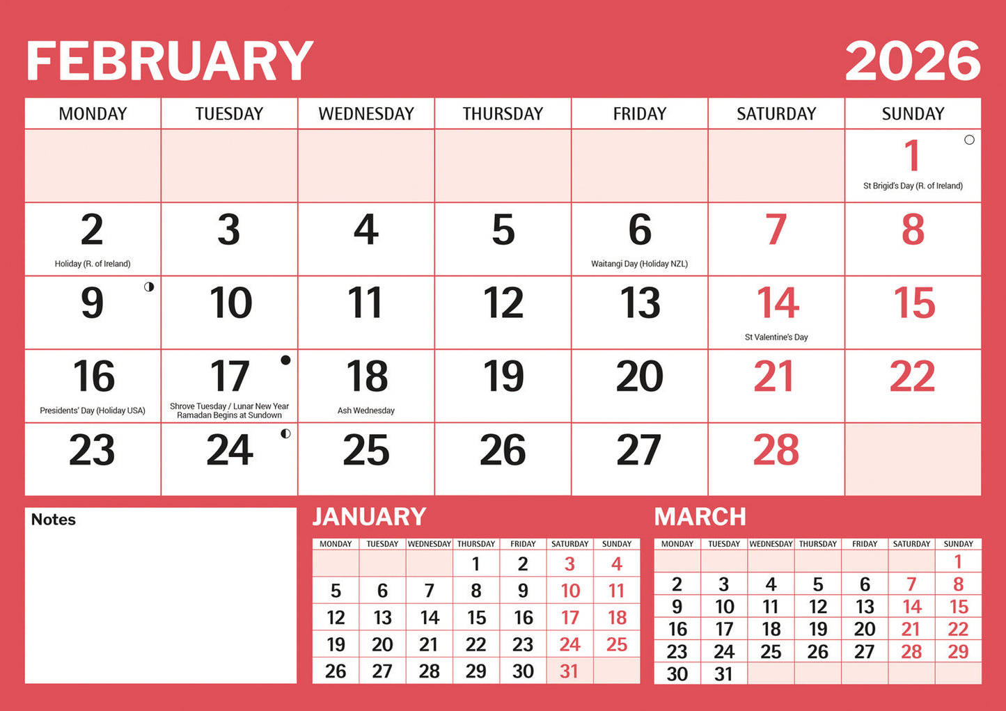 Red & Black Large Boldtype Landscape A4 Calendar 2026