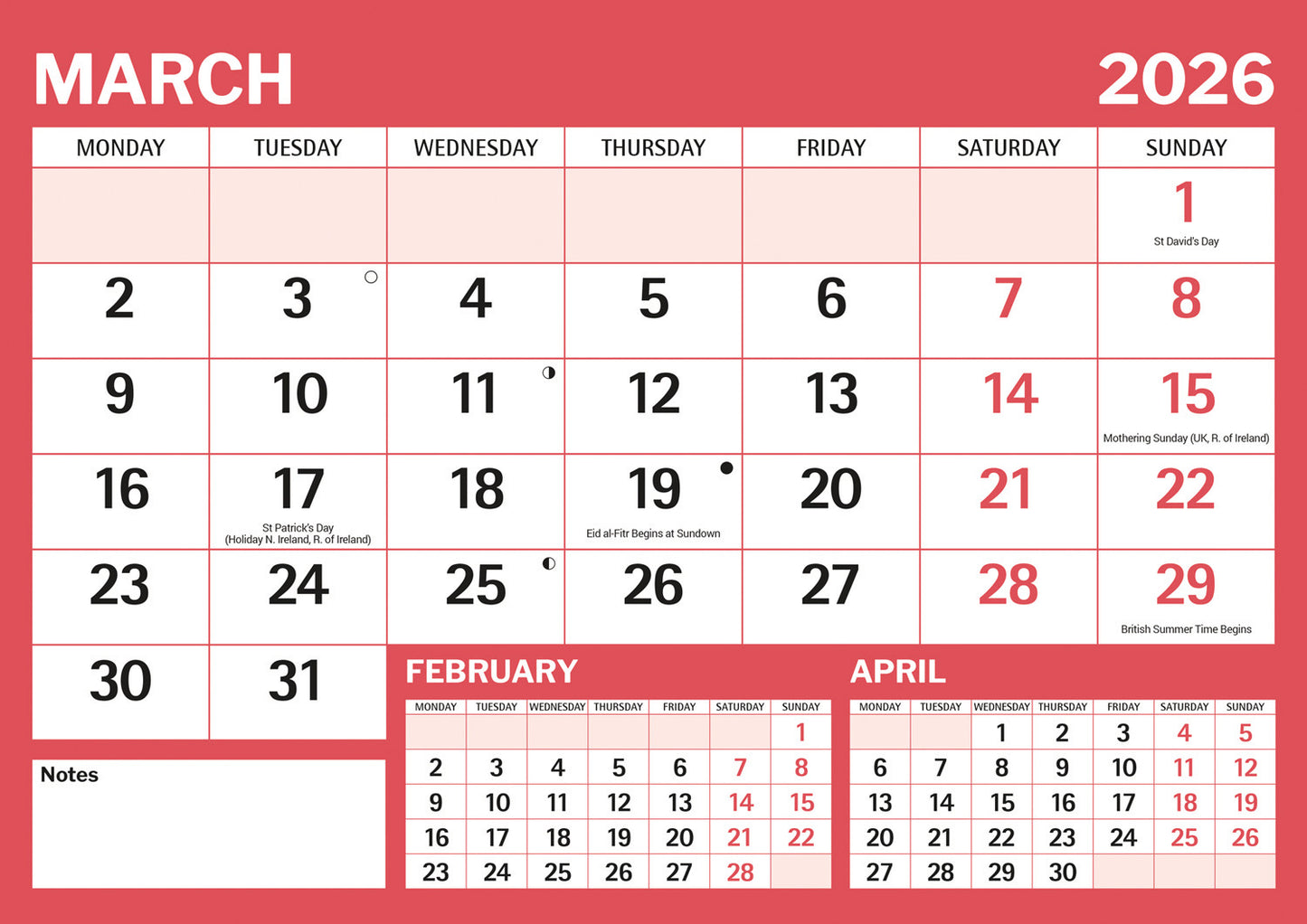 Red & Black Large Boldtype Landscape A4 Calendar 2026