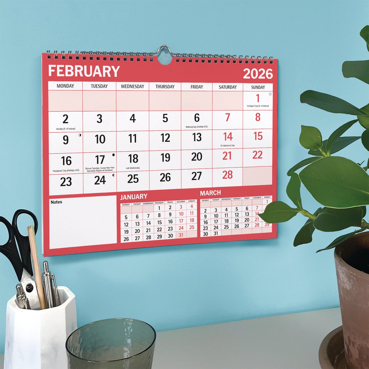 Red & Black Large Boldtype Landscape A4 Calendar 2026