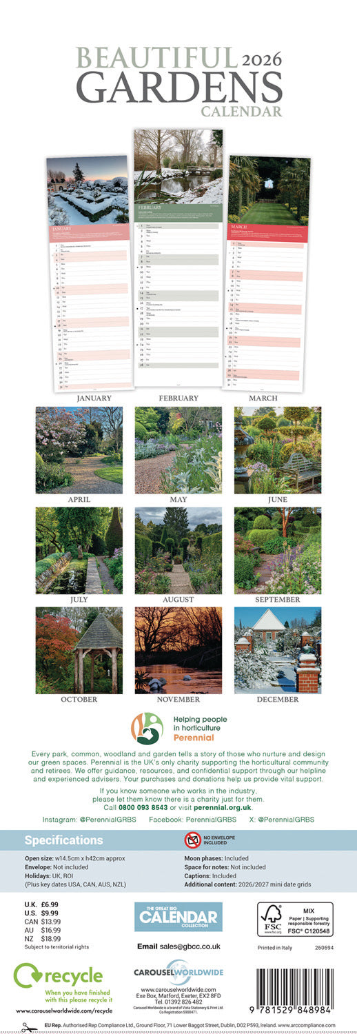 Beautiful Gardens, Alan Titchmarsh Slim Calendar 2026