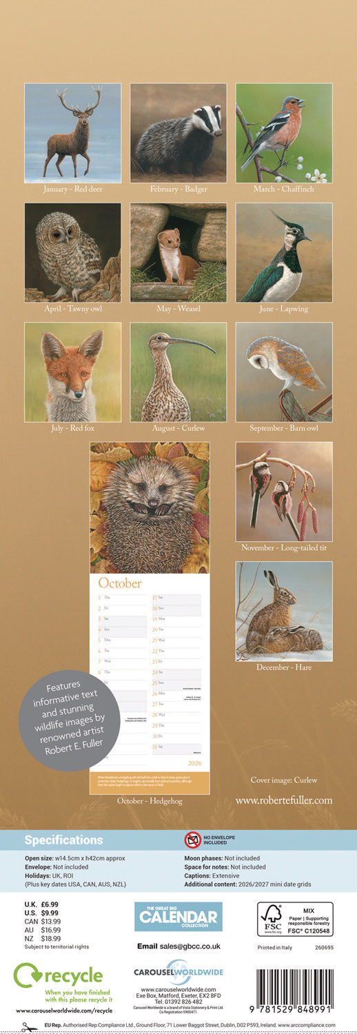 British Wildlife in Art By Robert Fuller Slim Calendar 2026