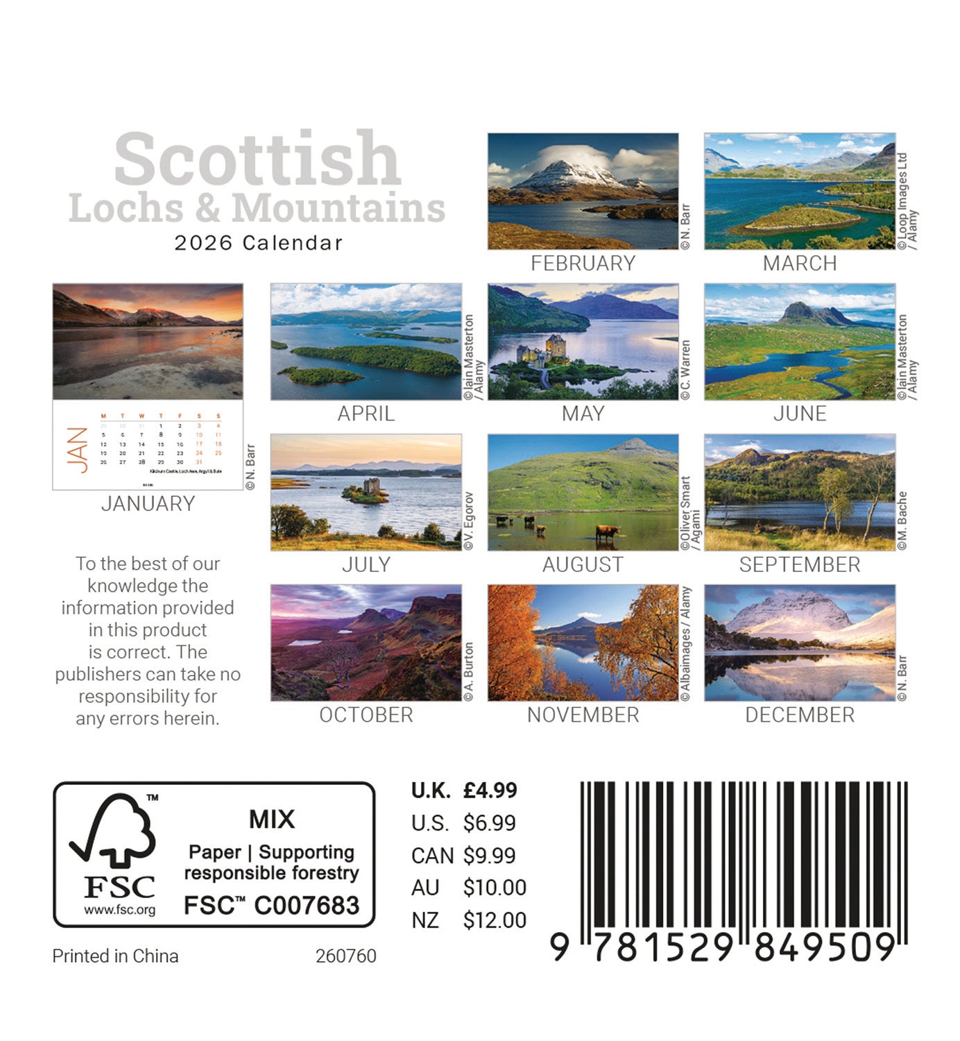 Scottish Lochs & Mountains Mini Easel Calendar 2026