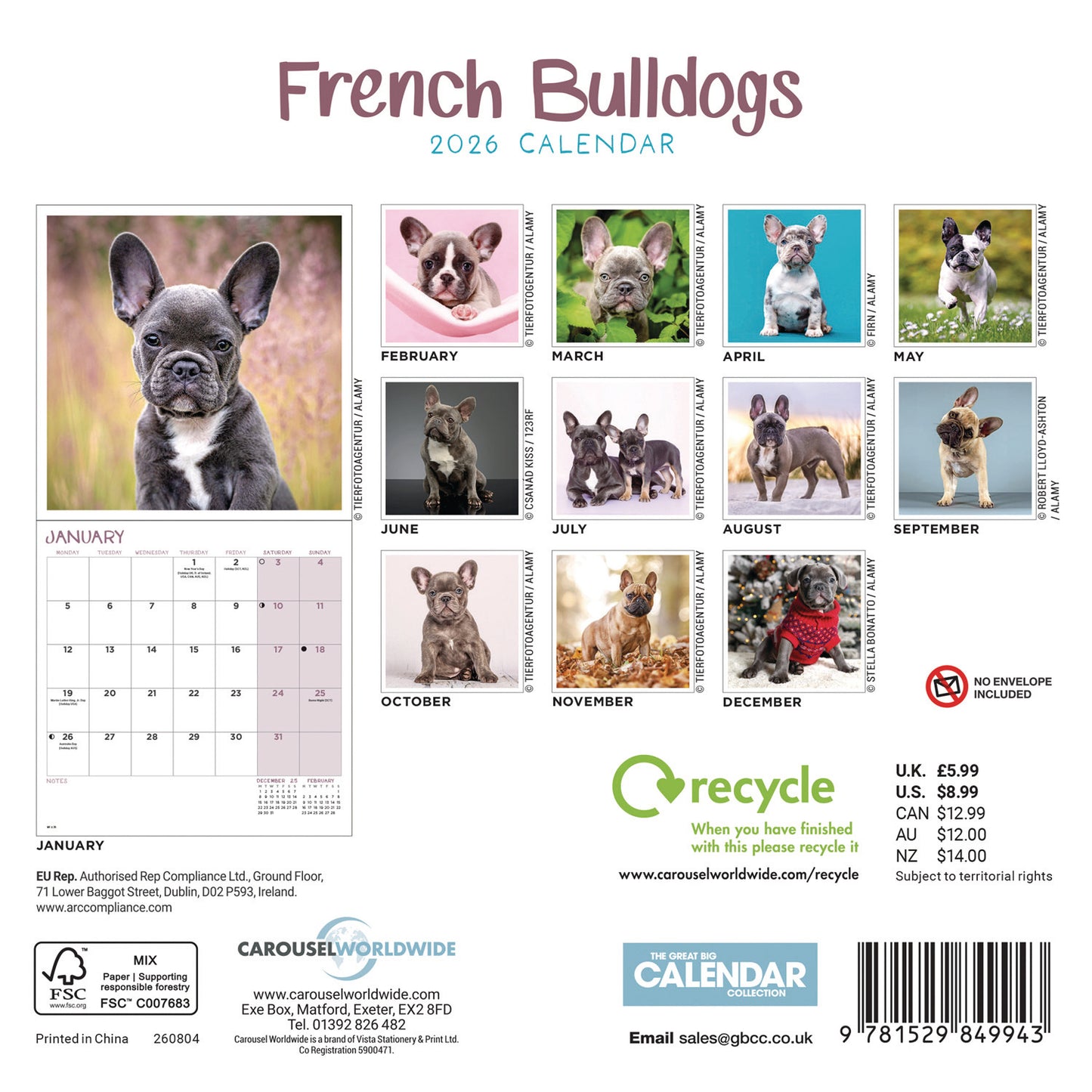 French Bulldogs Mini Calendar 2026