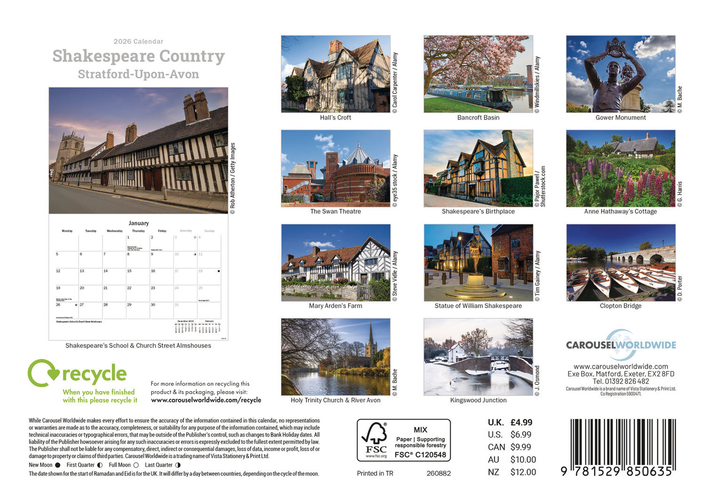 Shakespeare Country, Stratford-upon-avon A5 Calendar 2026