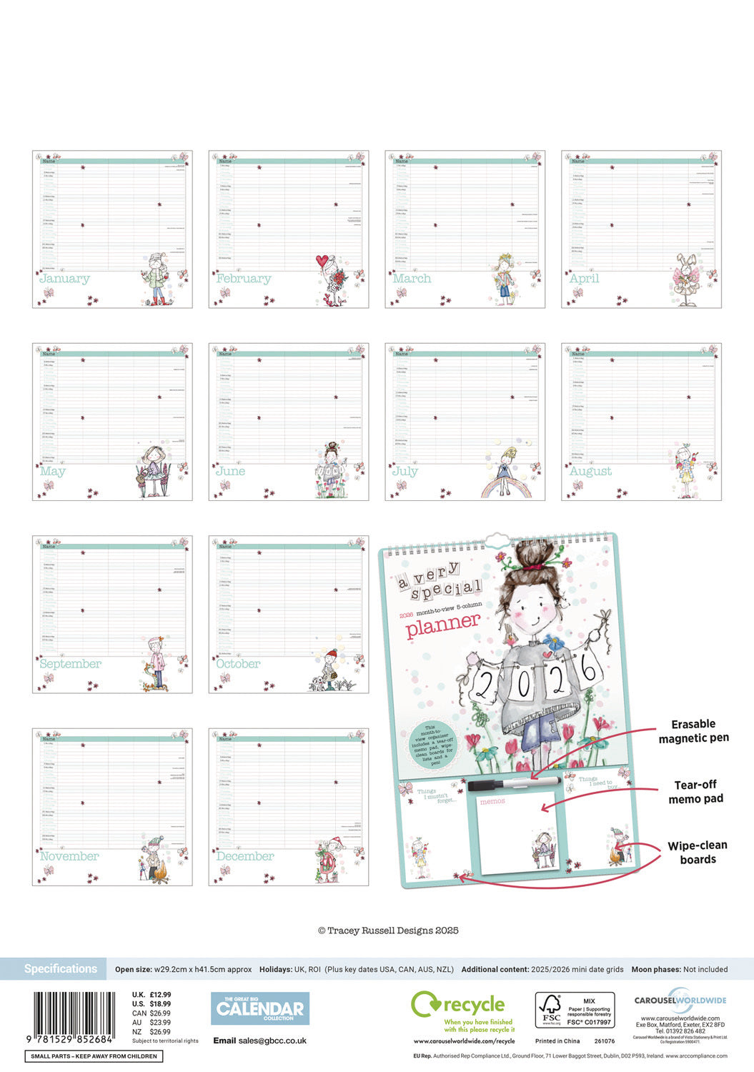 Tracey Russell Planner A3 Calendar 2026