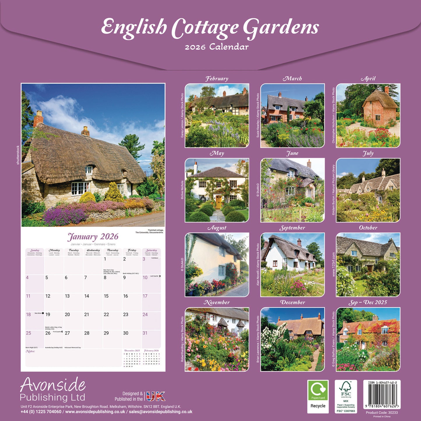 English Cottage Gardens Wall Calendar 2026