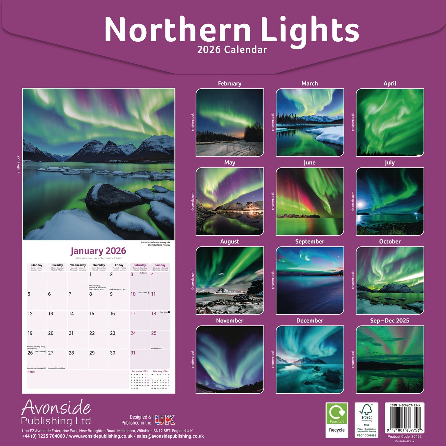 Northern Lights Sunday Start Wall Calendar 2026