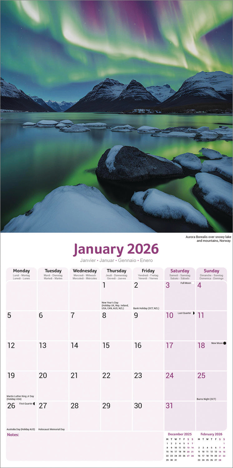 Northern Lights Sunday Start Wall Calendar 2026