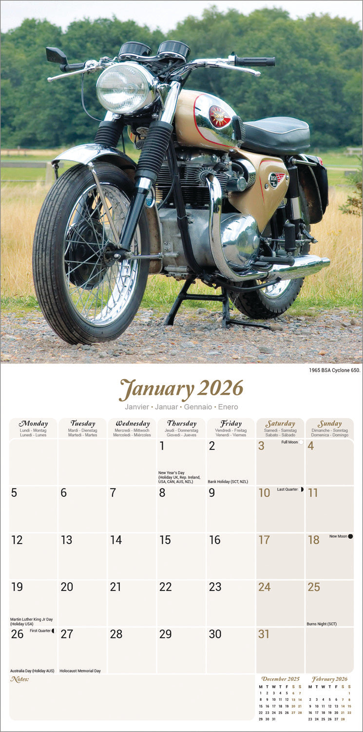 Classic British Bikes Wall Calendar 2026
