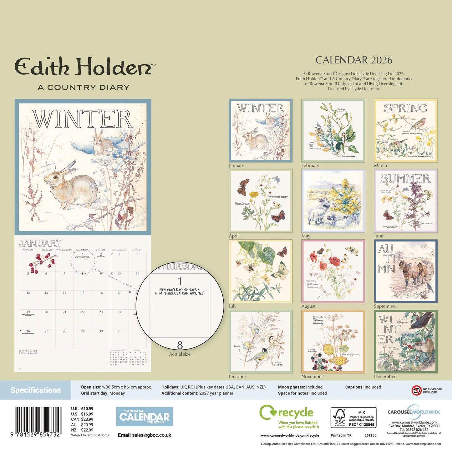 Country Diary, Edith Holden Wall Calendar 2026