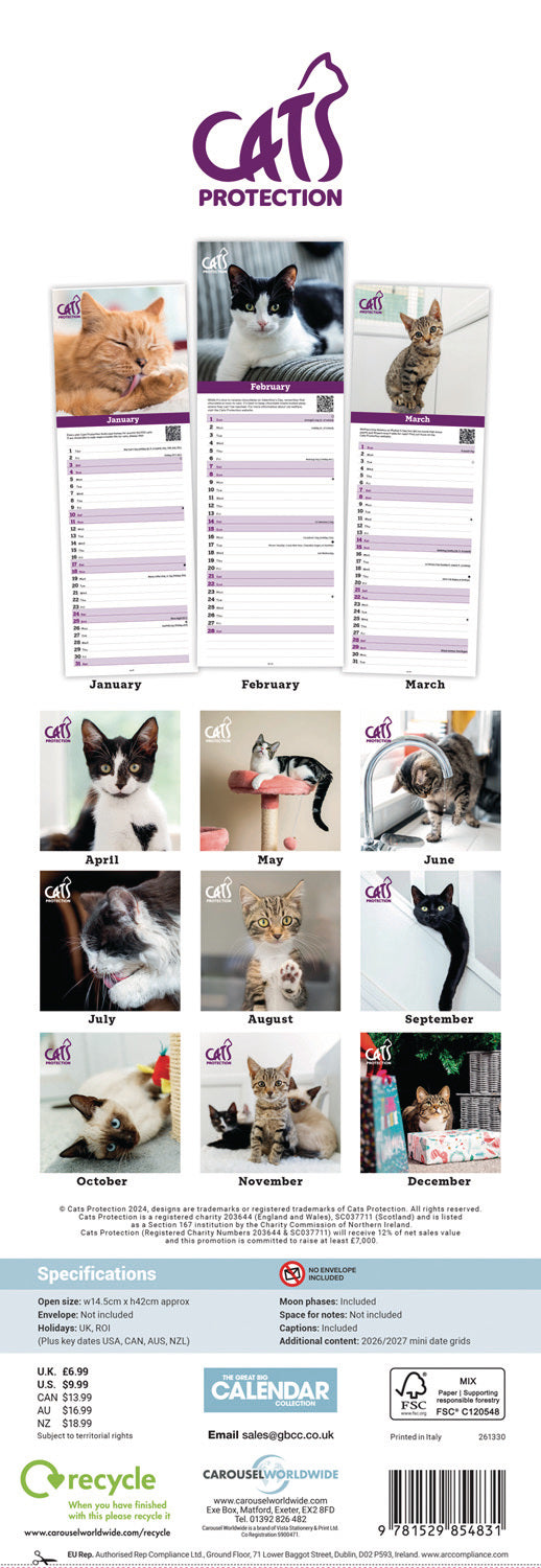 Cats Protection Slim Calendar 2026