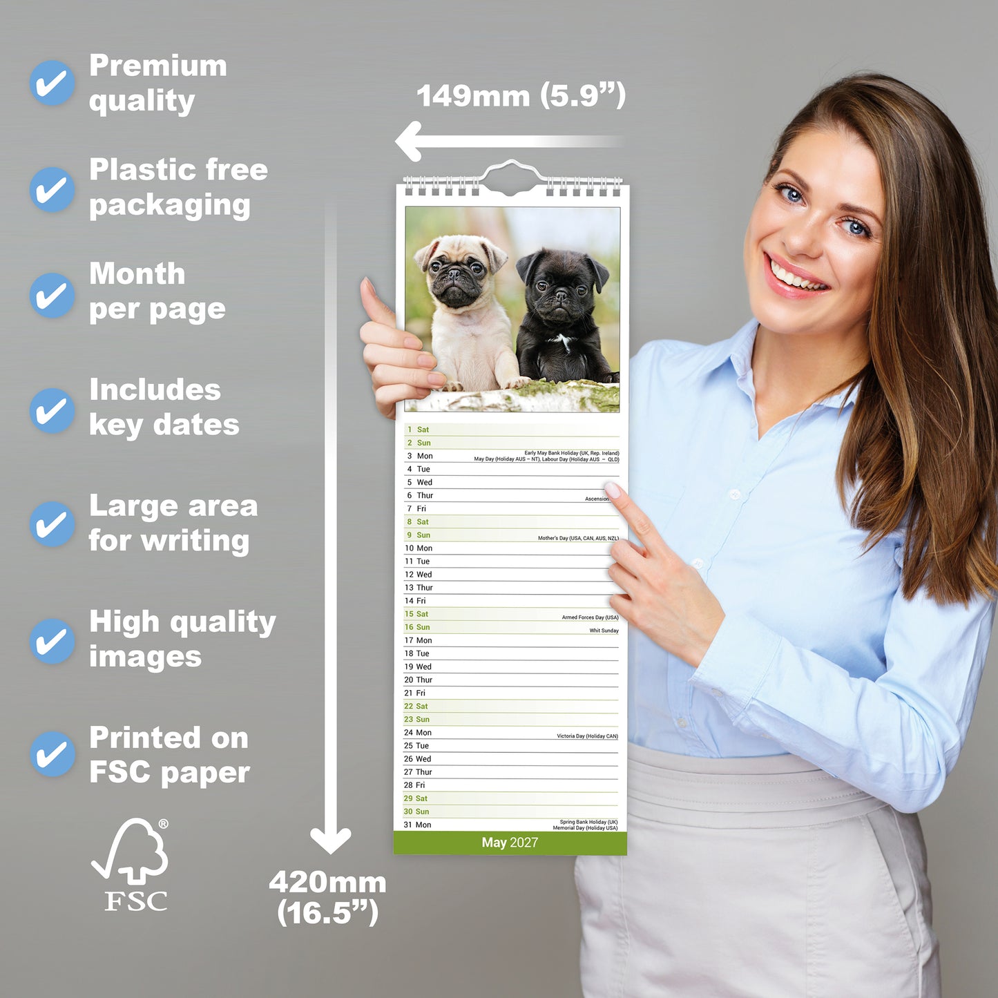 Pug Slim Calendar 2027