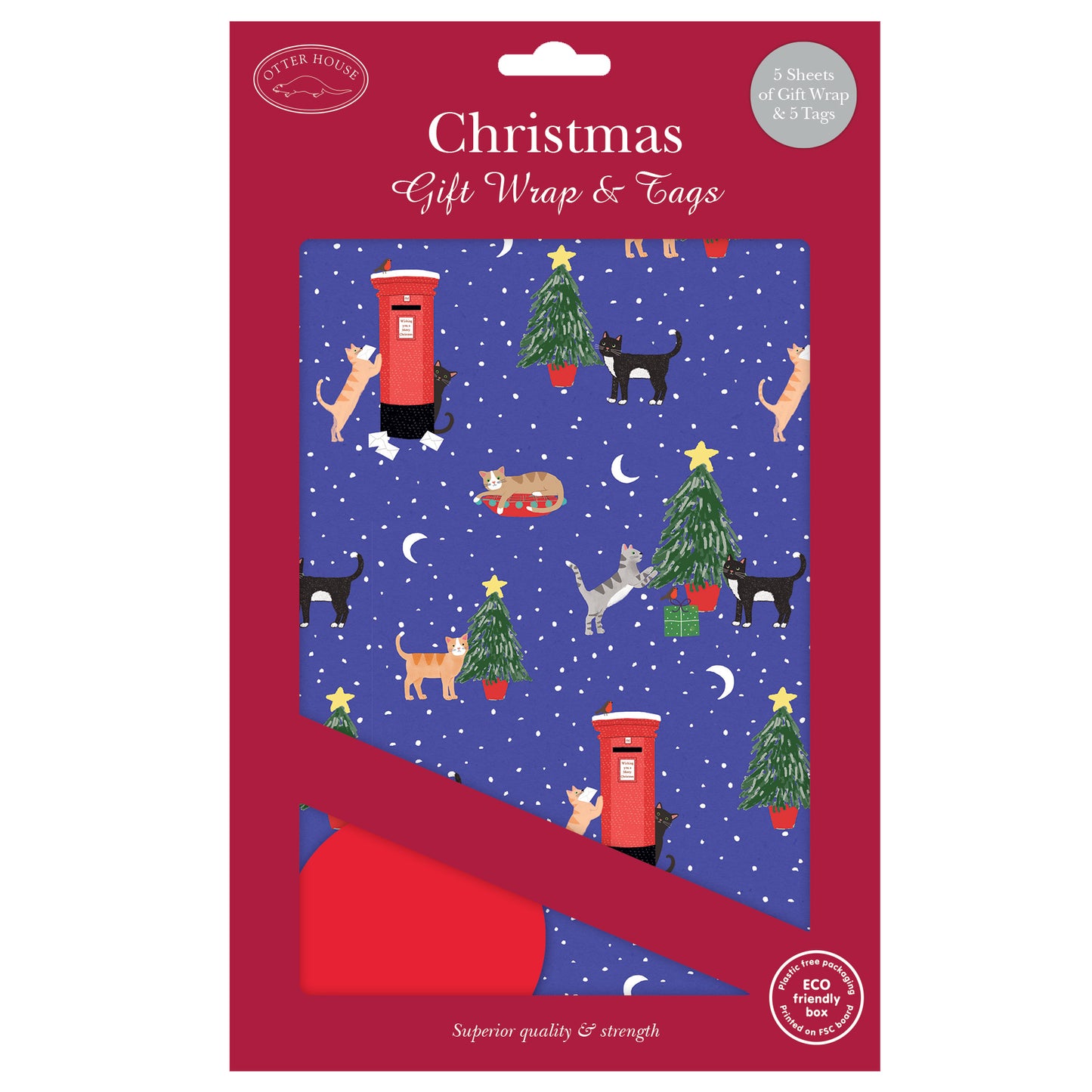 Christmas Wrap & Tags - Postbox Cats (5 Sheets & 5 Tags)