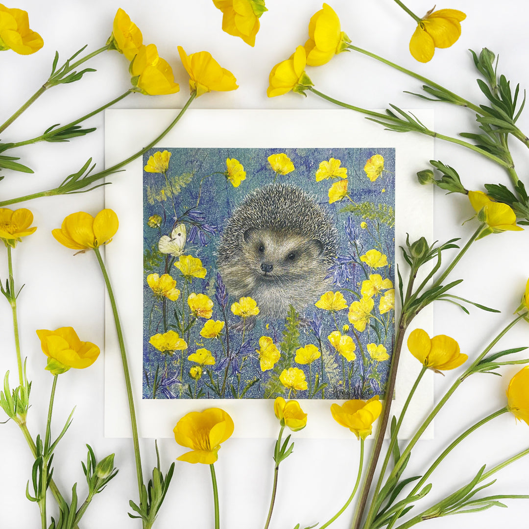 Enchanted Wildlife Card - Hedgehog In Primroses