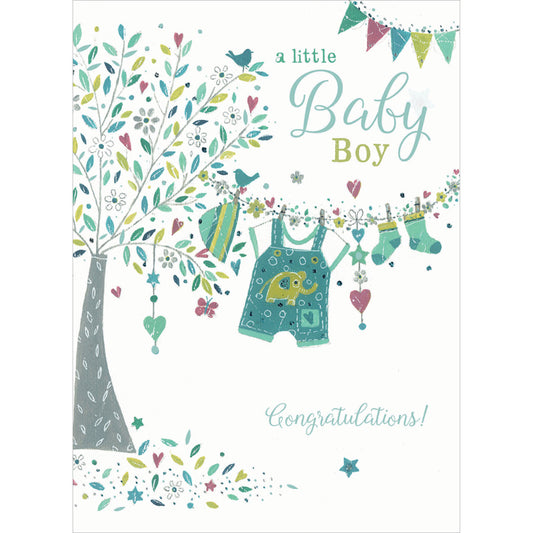 New Baby Card - Tree & Washing line (Baby Boy)
