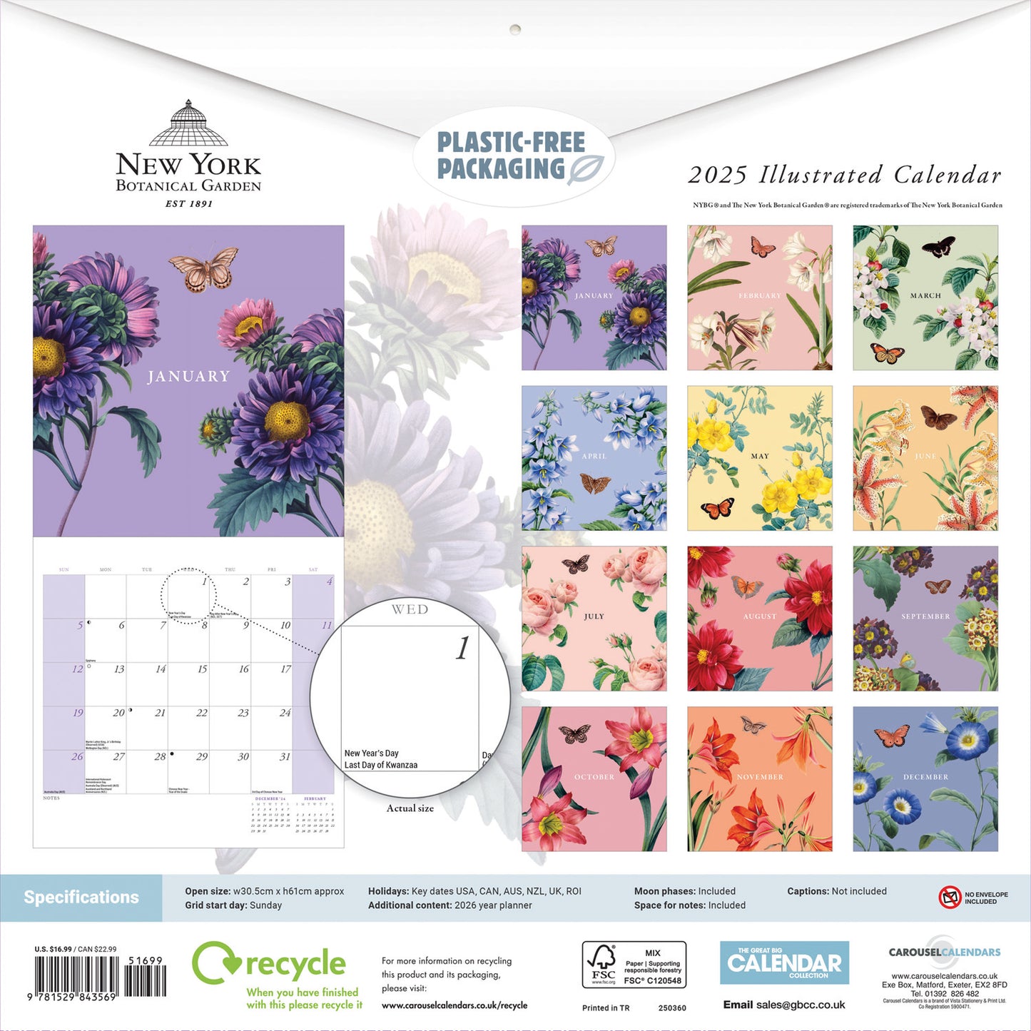 New York Botanical Gardens Illustrated (Sunday Start) Wall Calendar 2025 (PFP)