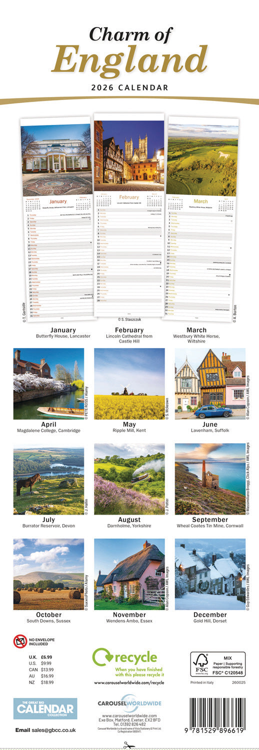 Charm of England Slim Calendar 2026