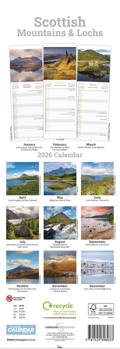 Scottish Mountains & Lochs Slim Calendar 2026