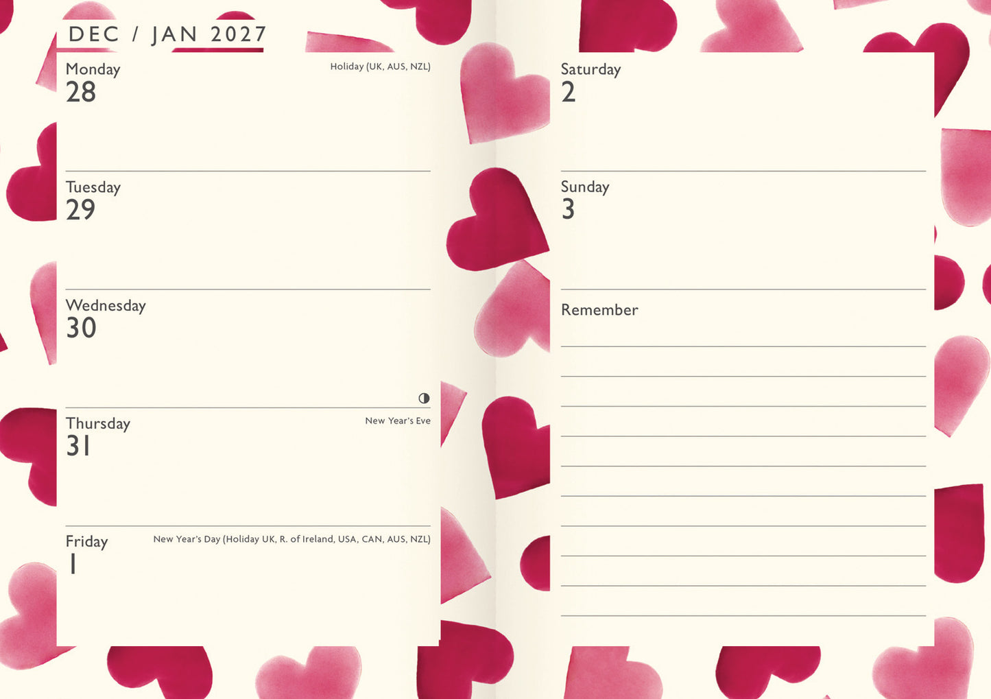 Emma Bridgewater Big Pink Hearts A6 Diary 2026