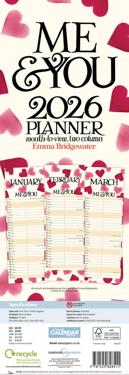 Emma Bridgewater, Me & You Blue Hearts Planner Slim Calendar 2026