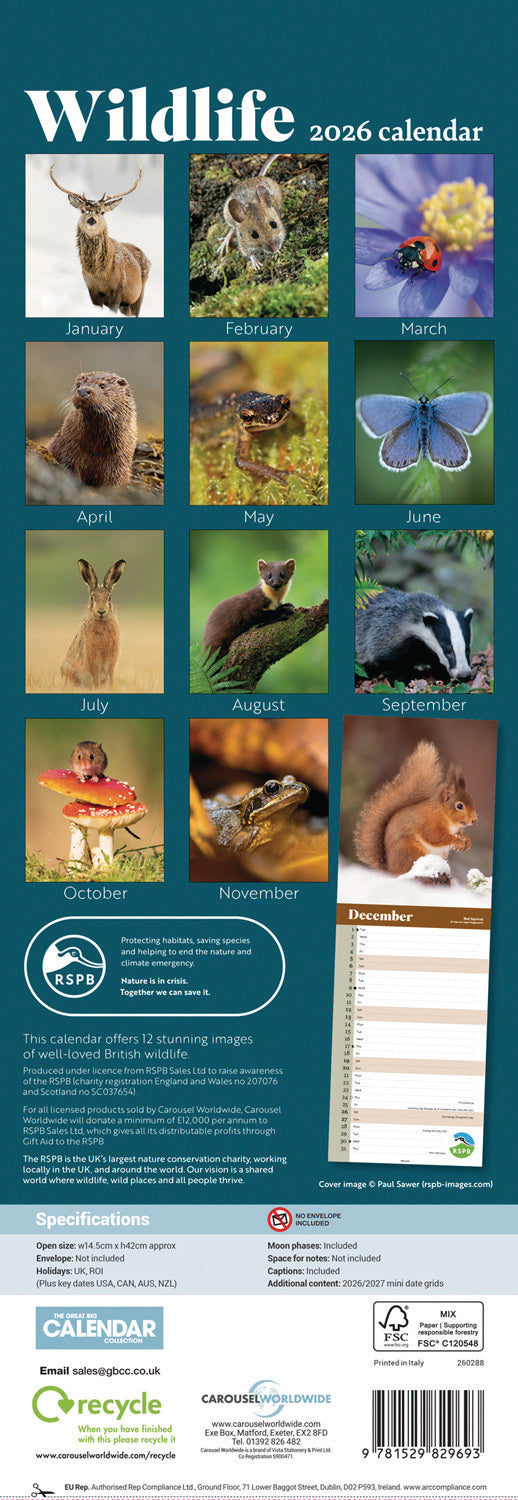 RSPB Wildlife Slim Calendar 2026