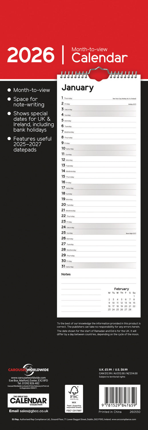 Essential Slim (R&B) Calendar 2026