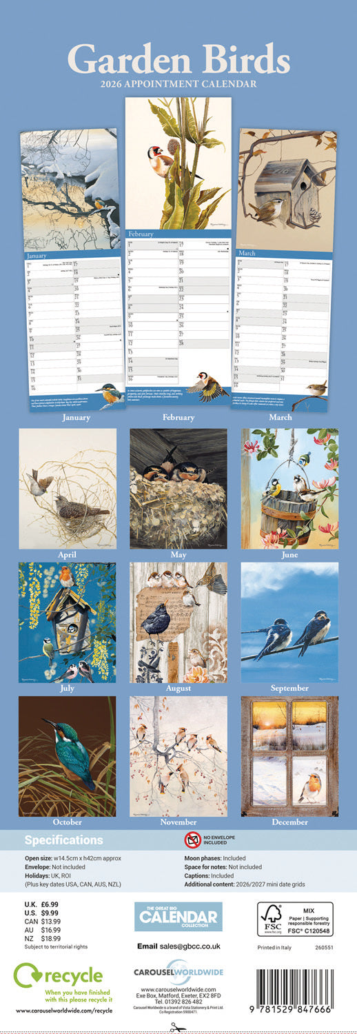 Garden Birds by Pollyanna Pickering Slim Calendar 2026