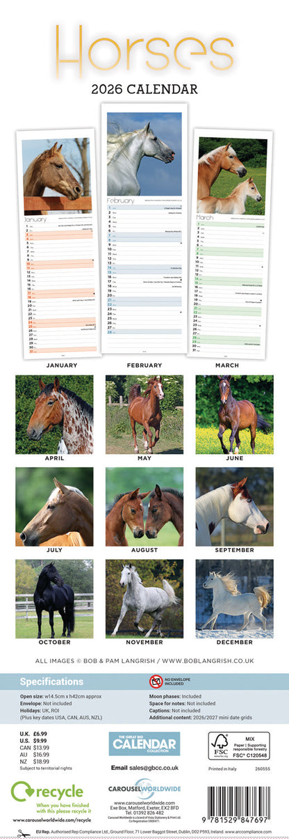 Horses Slim Calendar 2026